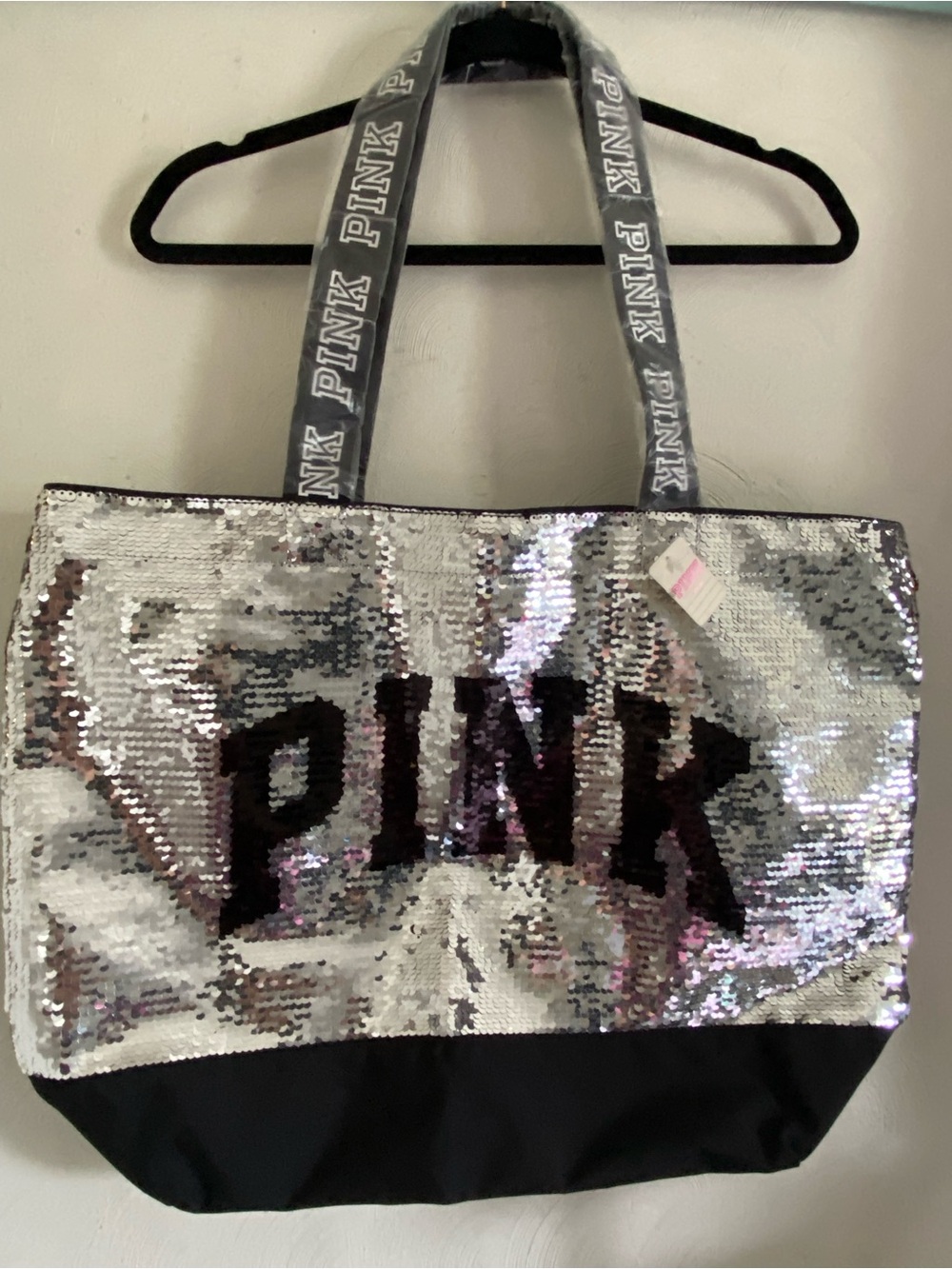 Victoria's Secret PINK Flip Sequin Bling Logo Tote Bag Silver /black Tone NWT